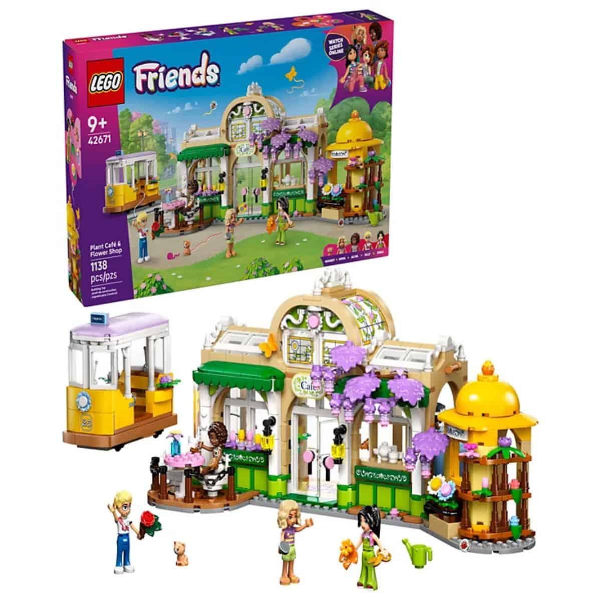 LEGO Friends Plant Café and Flower Shop building set for ages 9+, featuring colorful flowers, mini dolls, and a detailed café scene.
