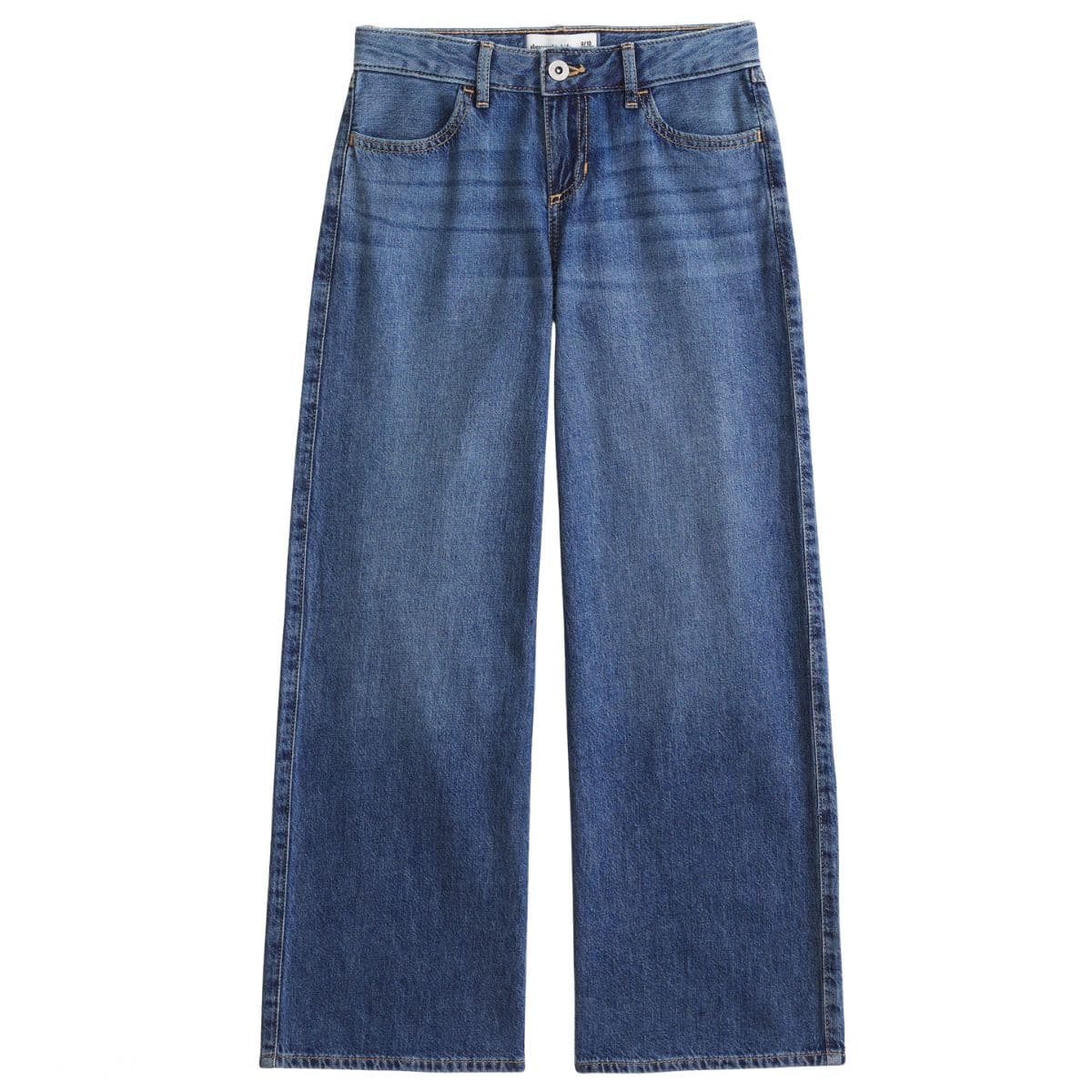 Medium-wash blue wide-leg jeans with a button closure, front pockets, belt loops, and contrast stitching on a light background.