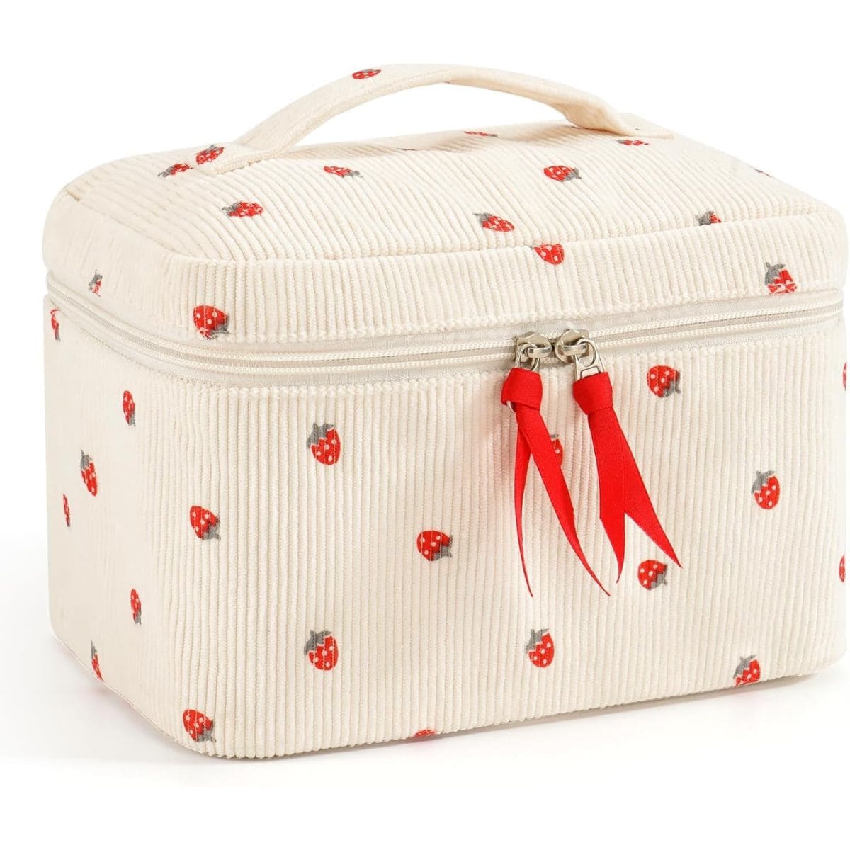 Cream corduroy makeup bag with red strawberry print, red zipper pulls, and a top handle for easy carrying.