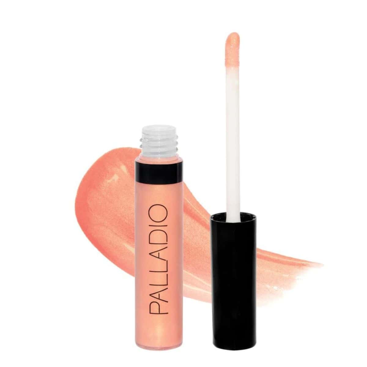 Palladio non-sticky lip gloss in a shimmery peach shade with a doe-foot applicator and sleek black cap.