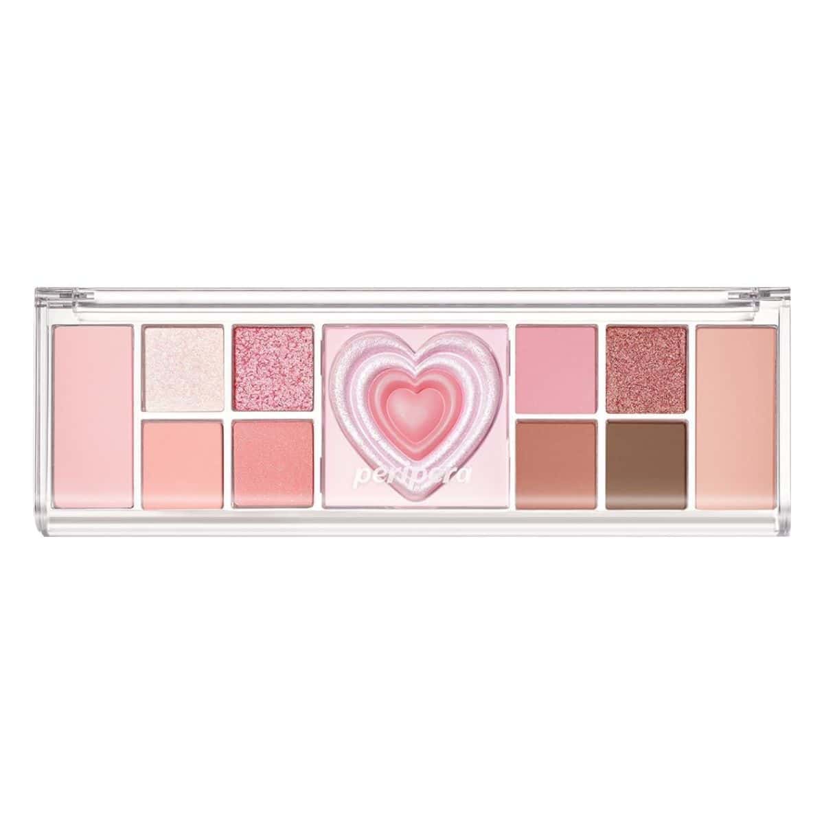 Peripera Prestige Pink makeup palette featuring multiple pink, peach, and brown eyeshadows with a heart-shaped highlighter in the center.