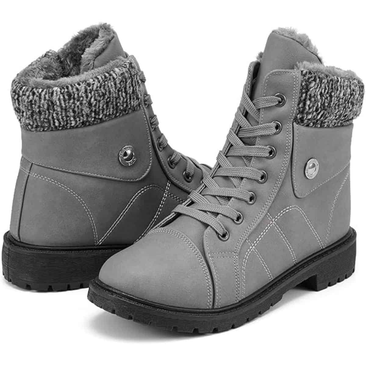 Pair of gray lace-up winter snow boots with faux fur lining and thick rubber soles for warmth and traction.