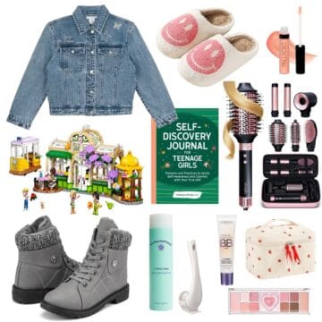 Collection of tween girl gift ideas including a denim jacket, slippers, LEGO set, journal, makeup, skincare, boots, and beauty accessories.