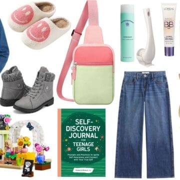 Tween girl gift ideas featuring a denim jacket, slippers, crossbody bag, LEGO flower shop, beauty products, jeans, boots, and hair styling tools.