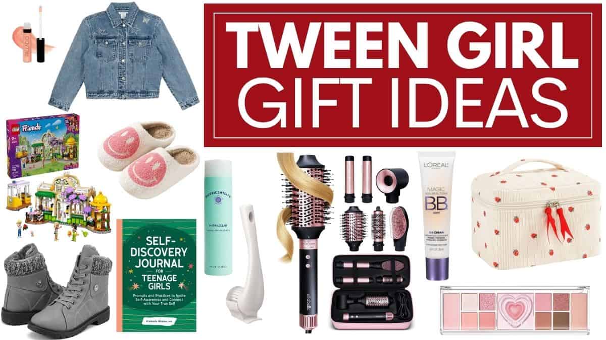 Tween girl gift ideas collage with denim jacket, slippers, LEGO set, beauty products, makeup, journal, boots, and accessories on a white background.
