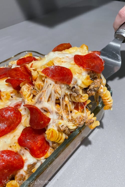 a slice of pepperoni pizza casserole 
