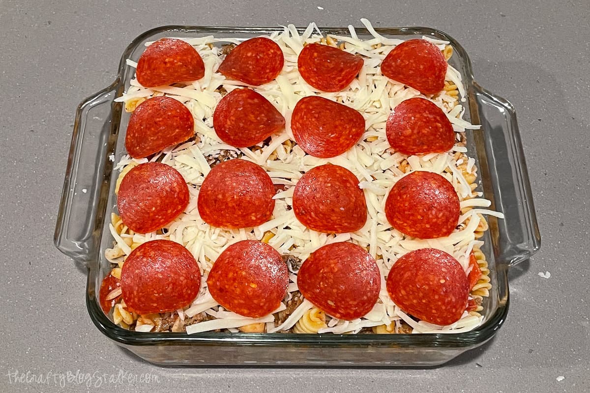 pepperoni pizza casserole ready to go in the oveen