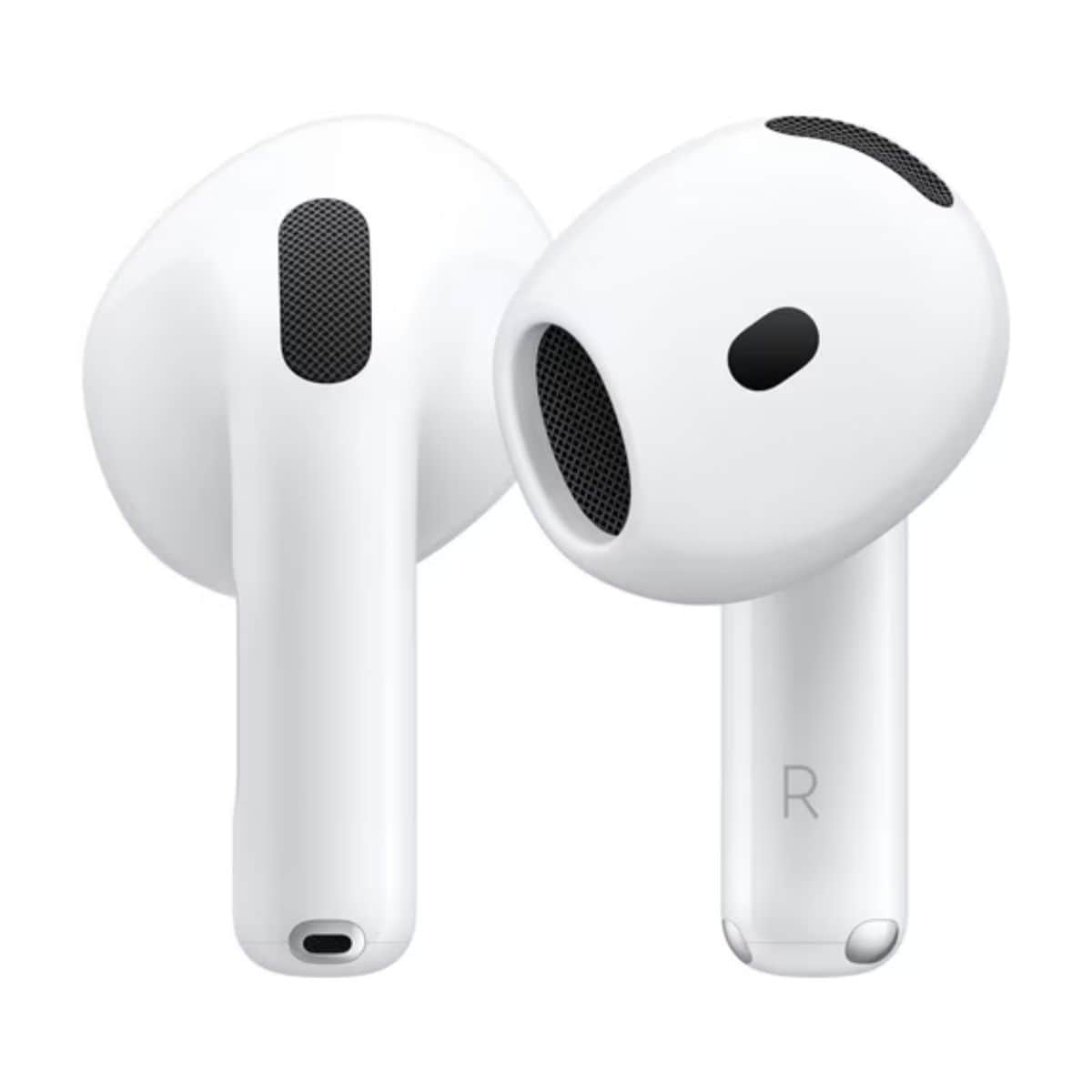 Apple AirPods 4 wireless earbuds in white, featuring a sleek design with built-in speakers and microphones for music, calls, and hands-free use.