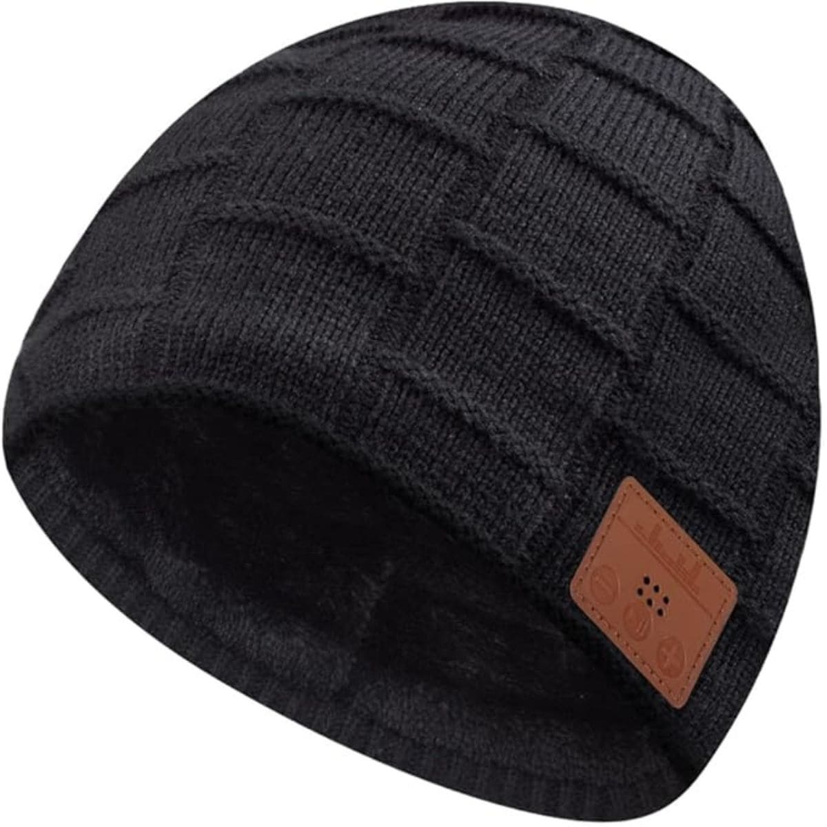Black knit Bluetooth beanie with a grid pattern and brown control panel patch, designed to keep warm while playing music wirelessly.