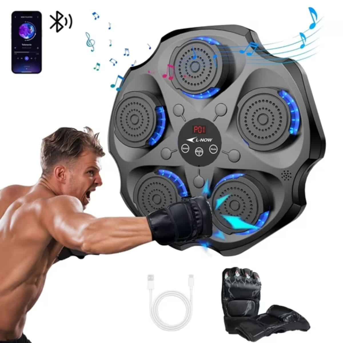 Man training with an electronic boxing machine featuring LED targets, Bluetooth music connection, gloves, and USB charging cable.