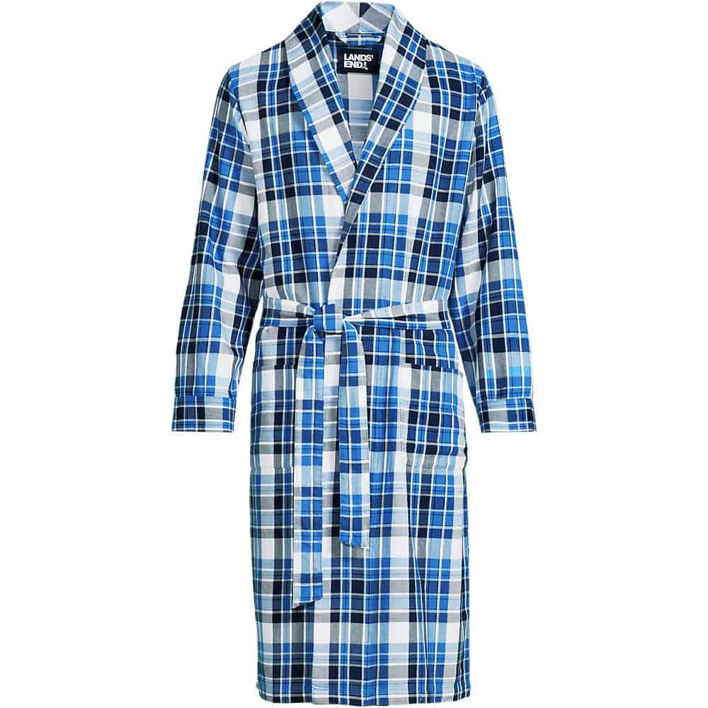 Blue and white plaid flannel robe with long sleeves, front pockets, and a matching belt tie, displayed on a plain background.