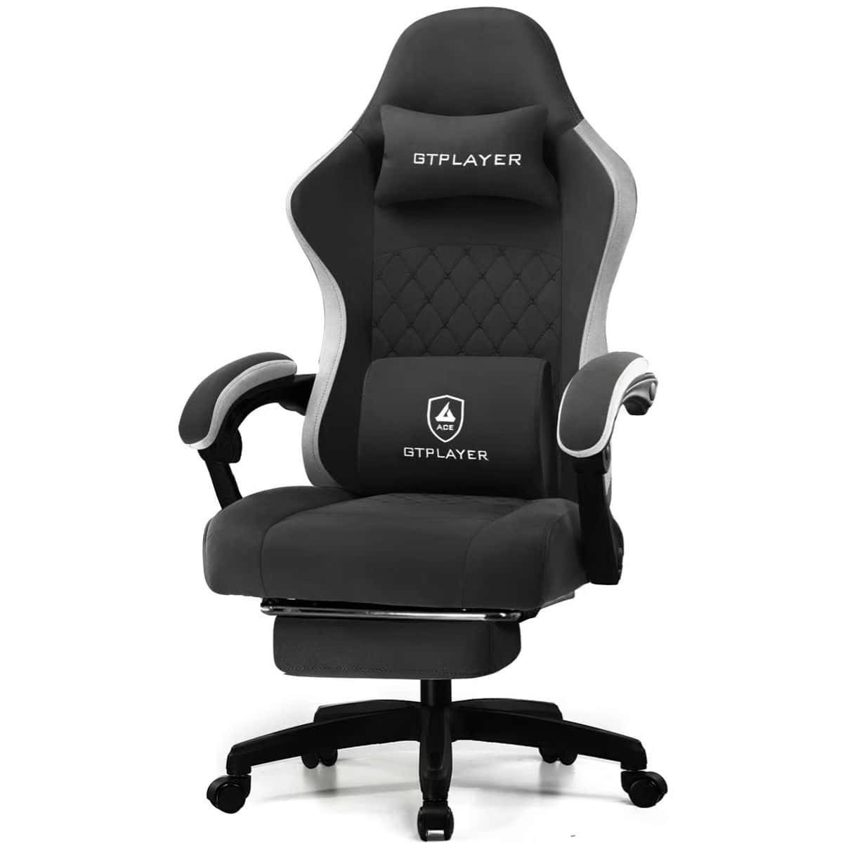 Black GTPLAYER gaming chair with cushioned seat, armrests, lumbar support, head pillow, and a pull-out footrest on rolling wheels.