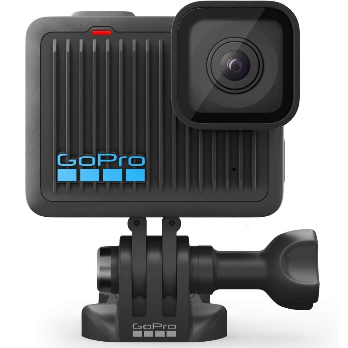 Black GoPro action camera with wide-angle lens and mounting bracket, designed for capturing high-quality photos and videos in extreme conditions.