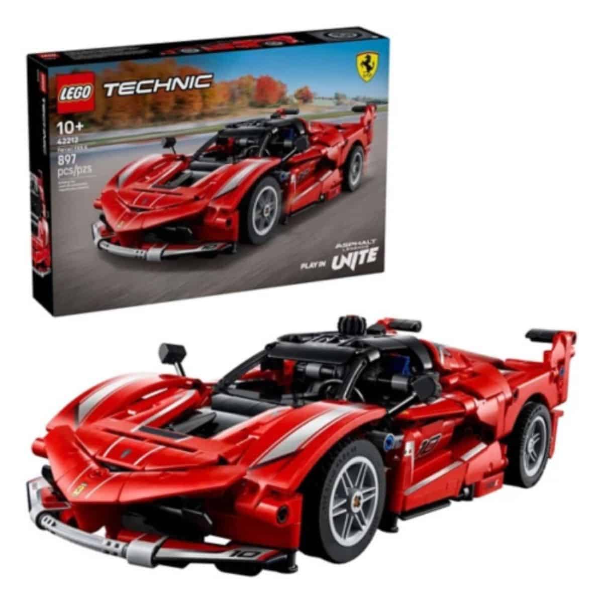 LEGO Technic Ferrari race car set with 897 pieces, featuring a detailed red sports car model designed for ages 10 and up.