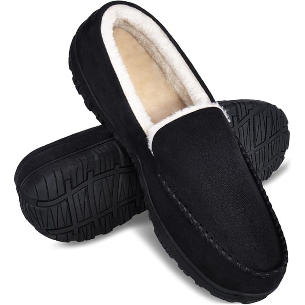Pair of black suede slippers with white faux fur lining and durable rubber soles, designed for comfort and indoor or outdoor wear.