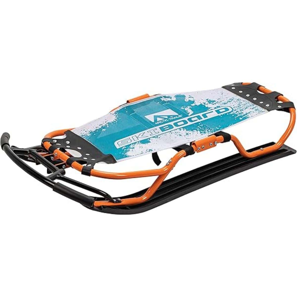 Orange and black snow sled with a sturdy metal frame and blue seat, designed for winter fun and downhill sledding on snow-covered hills.