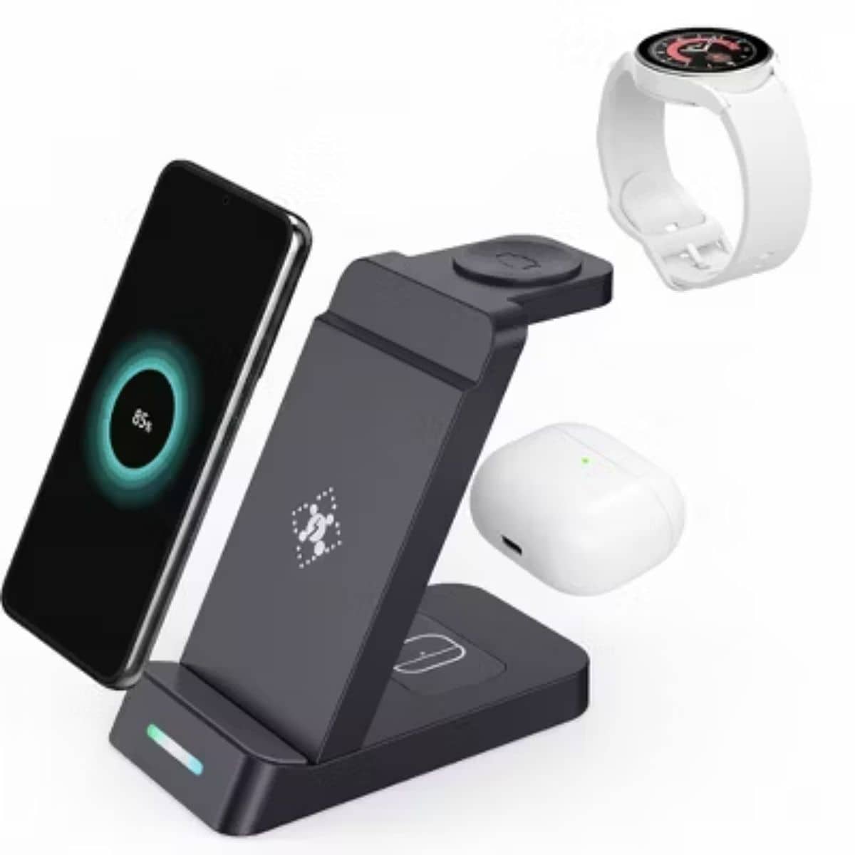 Black 3-in-1 wireless charging stand powering a smartphone, smartwatch, and wireless earbuds simultaneously with glowing blue charging indicators.