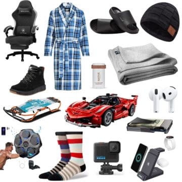 Collage of Christmas gift ideas for teen boys featuring a gaming chair, robe, slippers, beanie, sneakers, sled, LEGO Ferrari, AirPods, GoPro, and wireless charger.