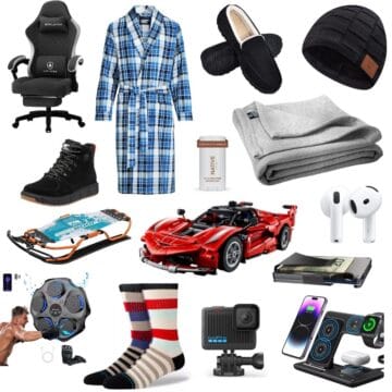 Collage of Christmas gift ideas for teen boys featuring a gaming chair, robe, slippers, beanie, sneakers, sled, LEGO Ferrari, AirPods, GoPro, and wireless charger.