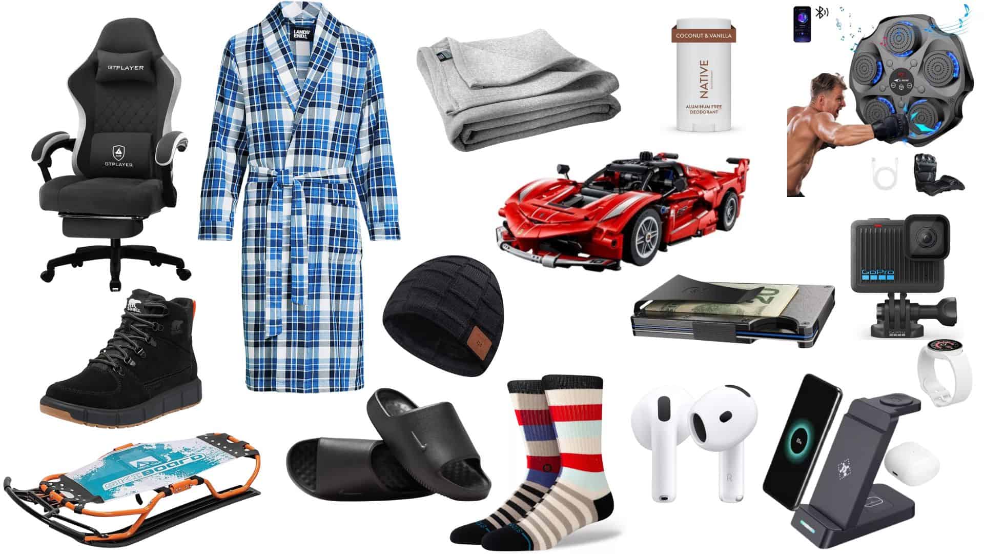 Collage of Christmas gift ideas for teen boys including a gaming chair, flannel robe, blanket, LEGO Ferrari, sneakers, beanie, socks, AirPods, GoPro, and sled.