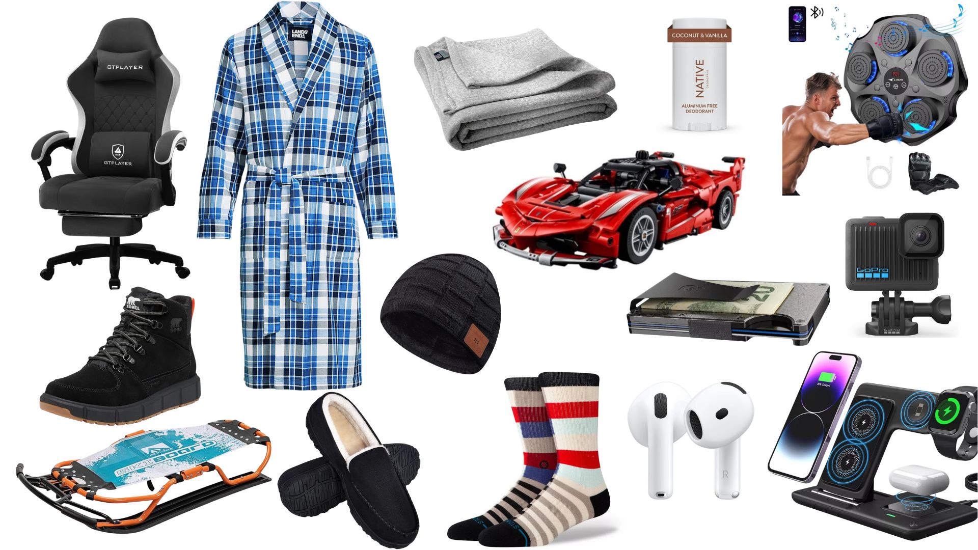 Collage of Christmas gift ideas for teen boys including a gaming chair, flannel robe, blanket, LEGO Ferrari, sneakers, beanie, socks, AirPods, GoPro, and sled.