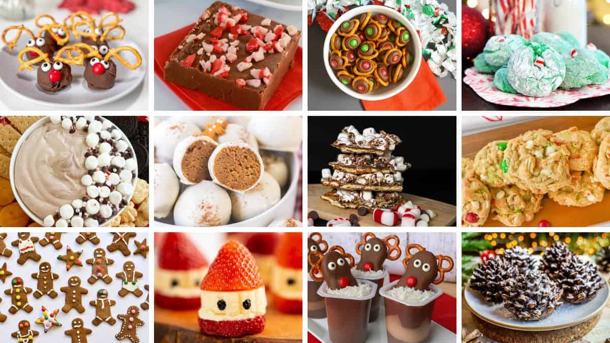 Collage of festive Christmas desserts including cookies, fudge, truffles, reindeer treats, peppermint toffee, and holiday snack mixes displayed on colorful plates.