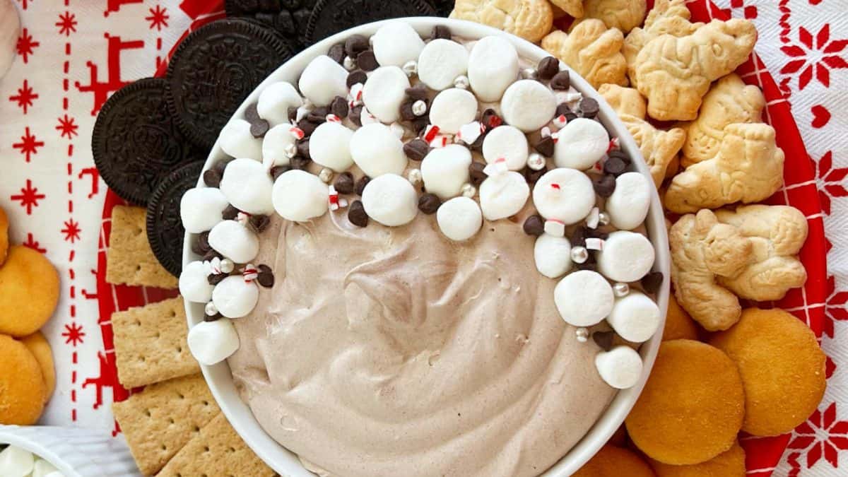 Bowl of creamy hot chocolate dip topped with mini marshmallows, chocolate chips, and crushed candy canes, surrounded by cookies and graham crackers.
