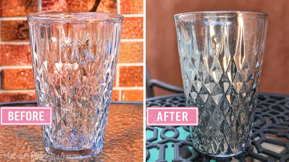 Side-by-side before and after of a glass vase, showing clear glass transformed into a speckled mercury glass finish.