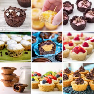 Collage image with 9 cookie cup recipes.