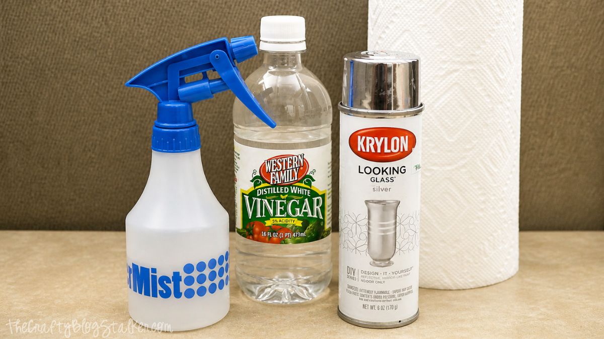 Spray bottle, distilled white vinegar, Krylon Looking Glass spray paint, and a roll of paper towels arranged on a countertop.