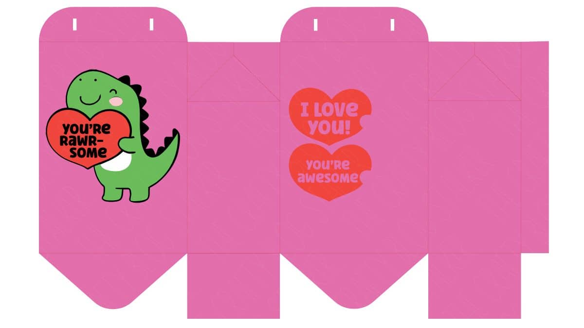 Flat treat bag SVG template showing a dinosaur holding a heart with phrases for Valentine's Day, laid out as a cut-and-fold design.