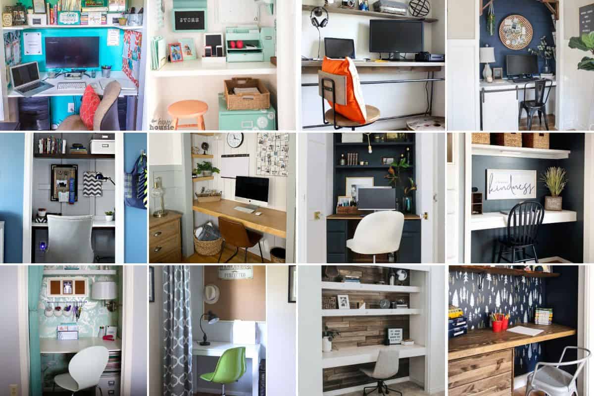 Collage image with 12 closet office designs.