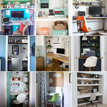 Collage image with 9 closet office designs.