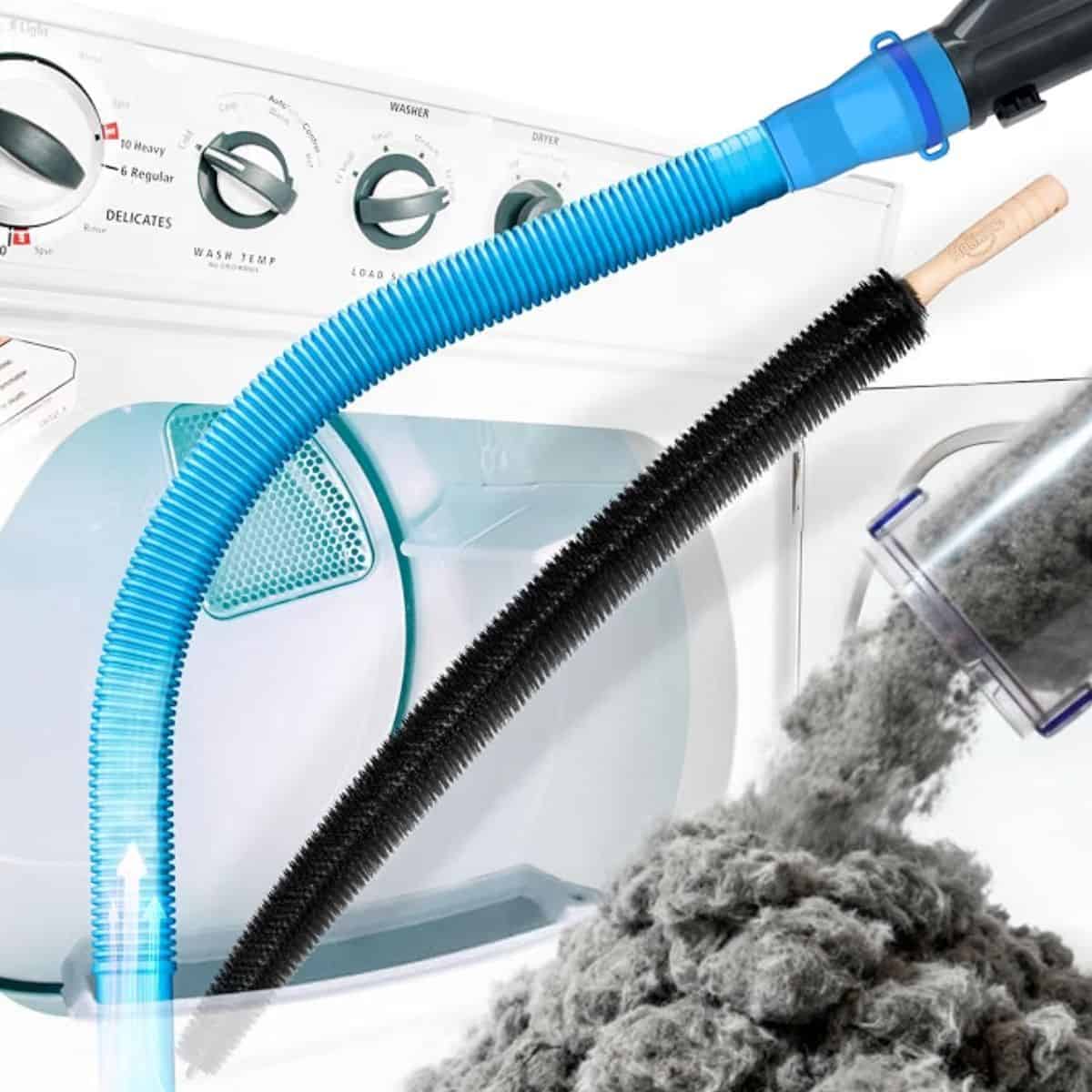 Dryer vent cleaning kit with a flexible vacuum hose and long lint brush shown removing built-up lint from a clothes dryer.