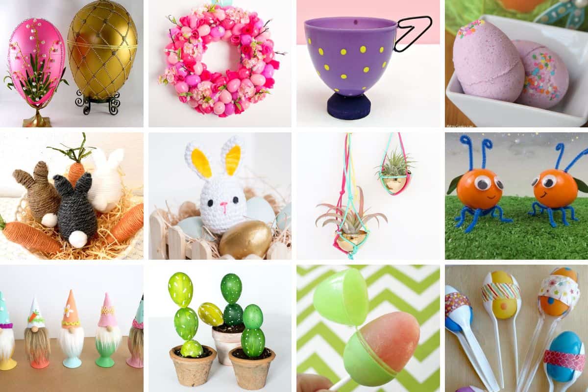 Collage with 12 plastic Easter Egg Crafts.