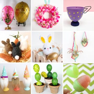 Collage with 9 plastic Easter Egg Crafts.