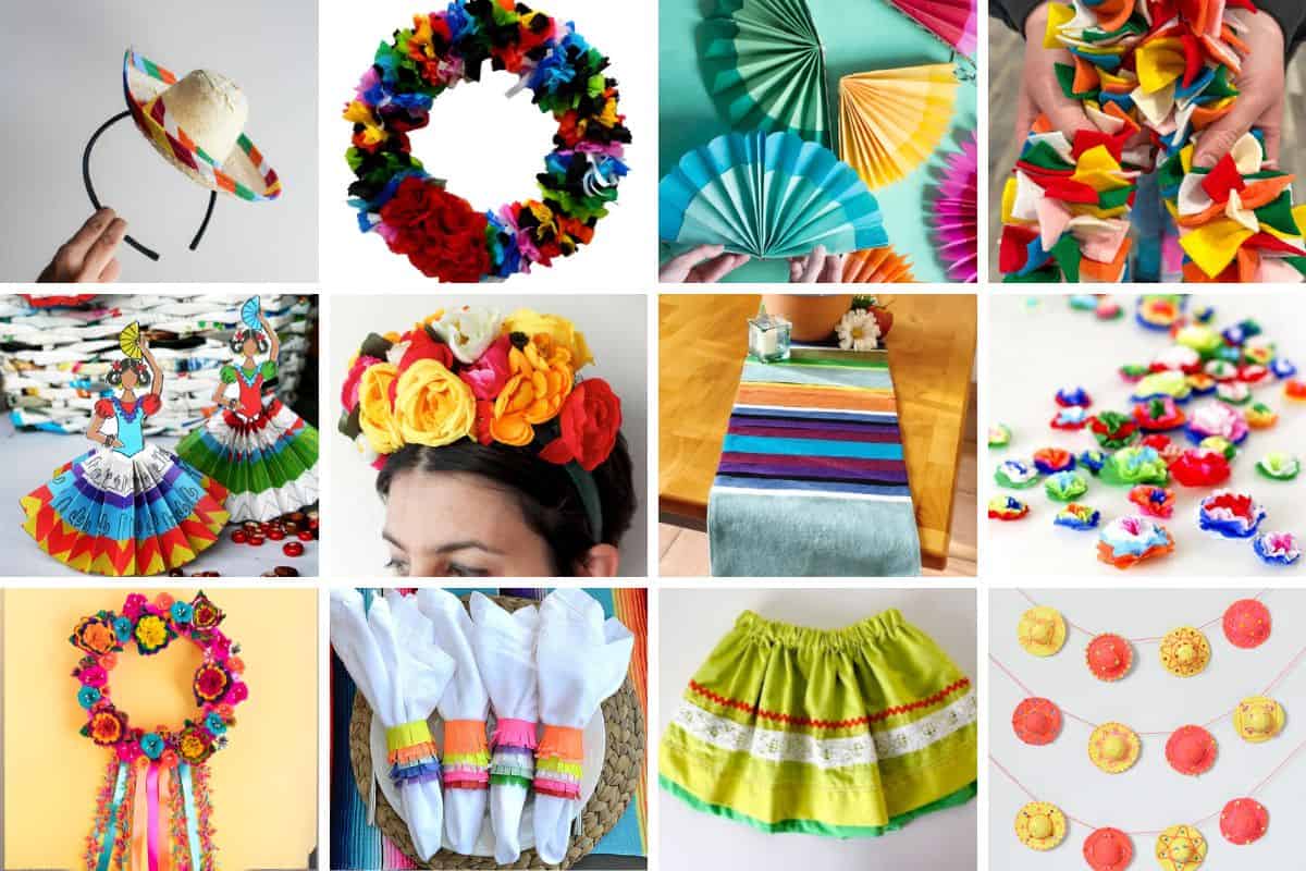 Collage with 12 Cinco de mayo crafts.