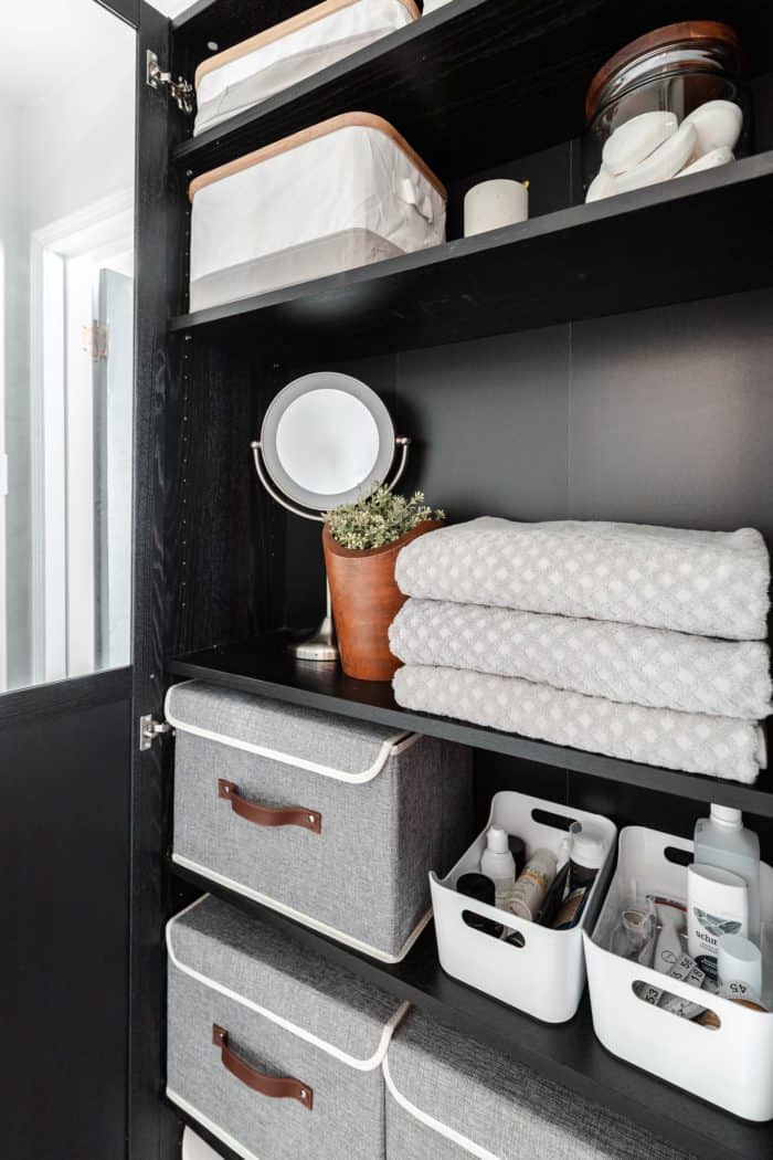 Storage Bins in an Ikea Billy Bookcase. 