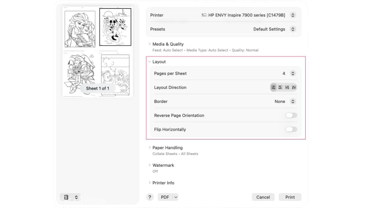 Mac printer settings window showing layout options with four pages per sheet selected for printing Disney autograph book pages.
