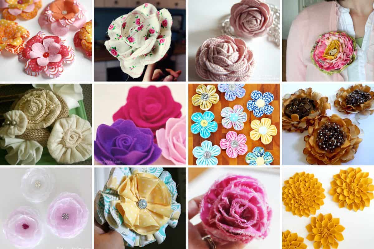 Collage Image with 12 handmade fabric flowers.
