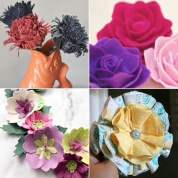 Collage image with 9 handmade fabric flowers.