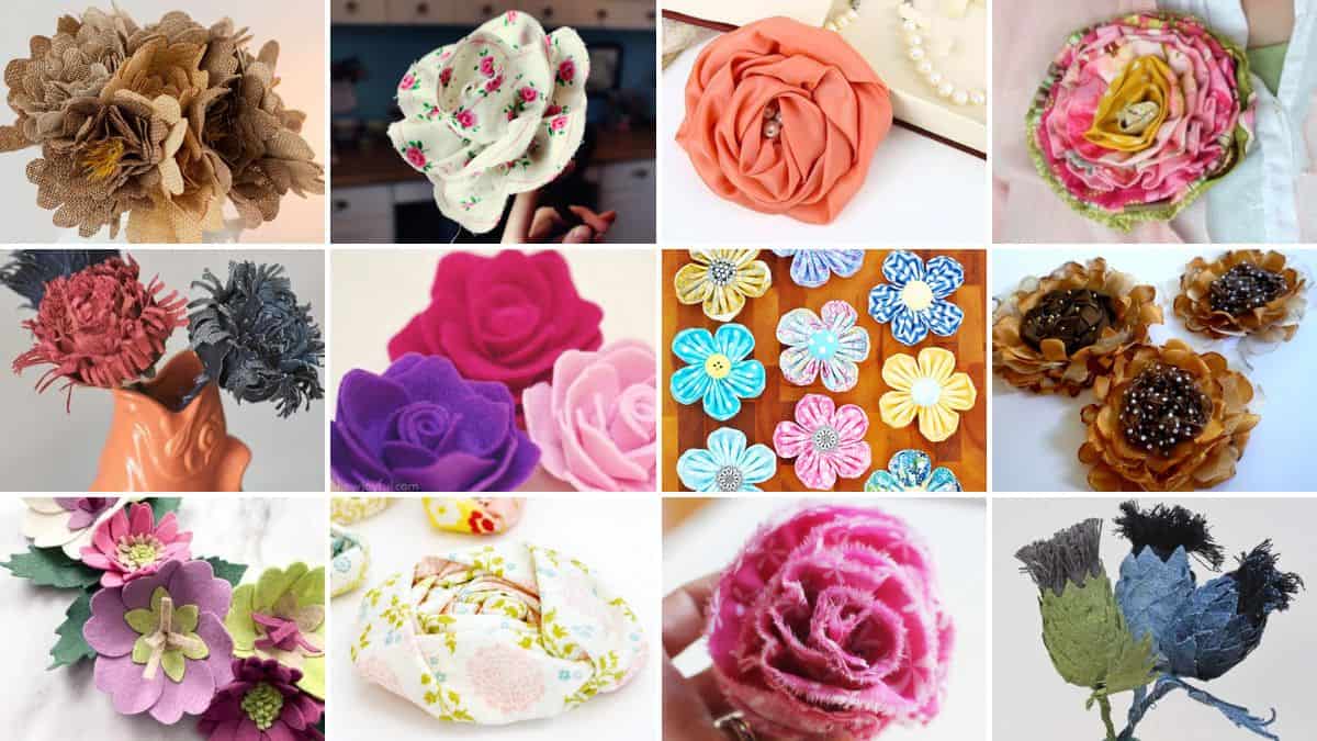 Collage of handmade fabric flowers showing many styles and techniques, including roses, layered blooms, felt flowers, and textured fabric blossoms arranged in a grid.