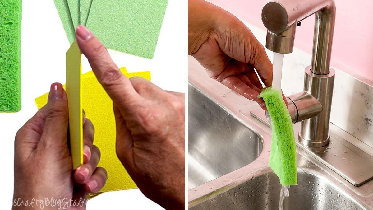 Hands holding a compressed sponge and a sponge being expanded under running water in a sink, showing how compressed sponges work.