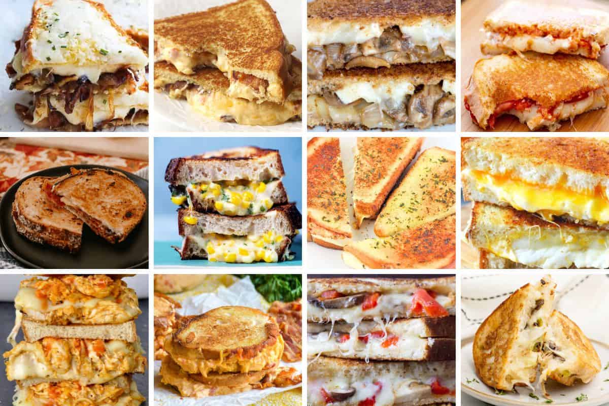 Collage image with 12 different grilled cheese sandwiches.