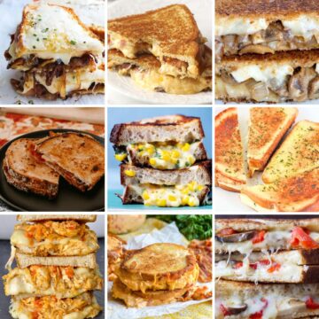 Collage image with 9 different grilled cheese sandwiches.