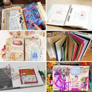 Collage image with 6 smash book page ideas.