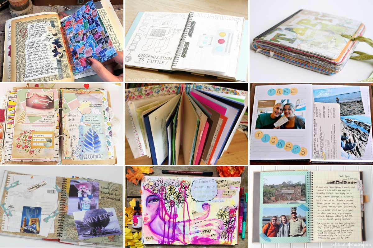 A collage of nine colorful smash book pages, each filled with mixed media elements like photos, drawings, paint, stickers, and handwritten notes.