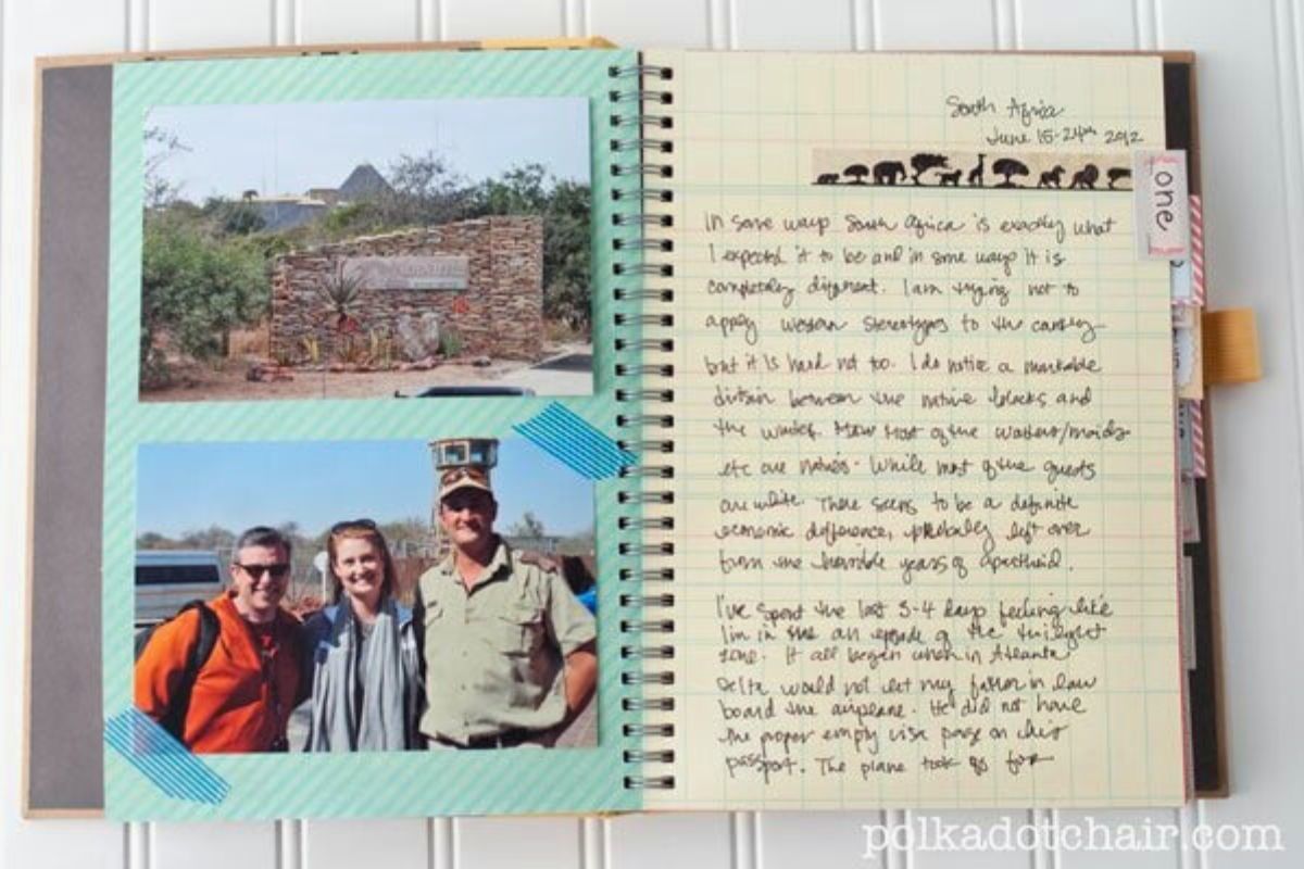 A travel-themed smash book spread with photos from South Africa on the left and handwritten journal notes on grid paper with safari animal washi tape on the right.