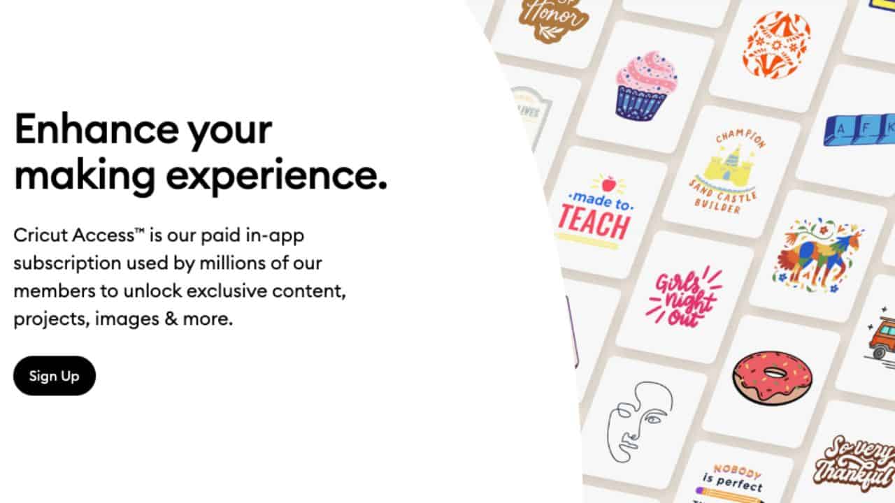 Promotional image for Cricut Access showing subscription benefits and colorful project previews, with a "Sign Up" button on the left side.