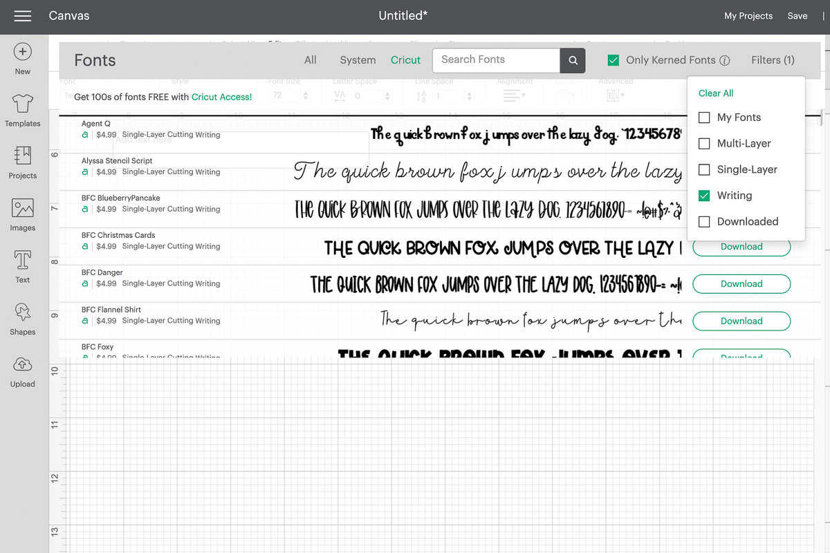 screen shot of Cricut design space when searching for writing fonts